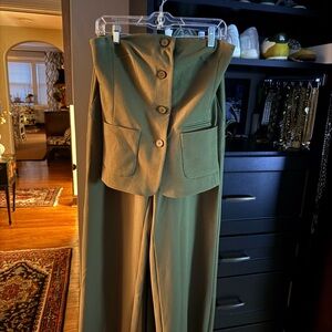 STAUD Olive Green Tailored Wide-Leg Pants & Matching Waistcoat